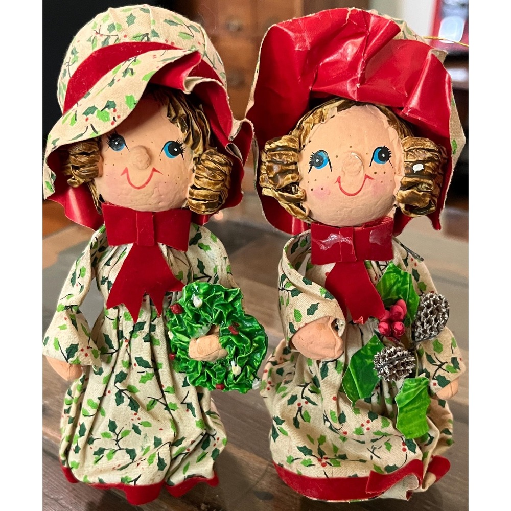 Vintage Lot of 2 Homemade Paper Mache Christmas Carolers Ornaments 7in Figurine